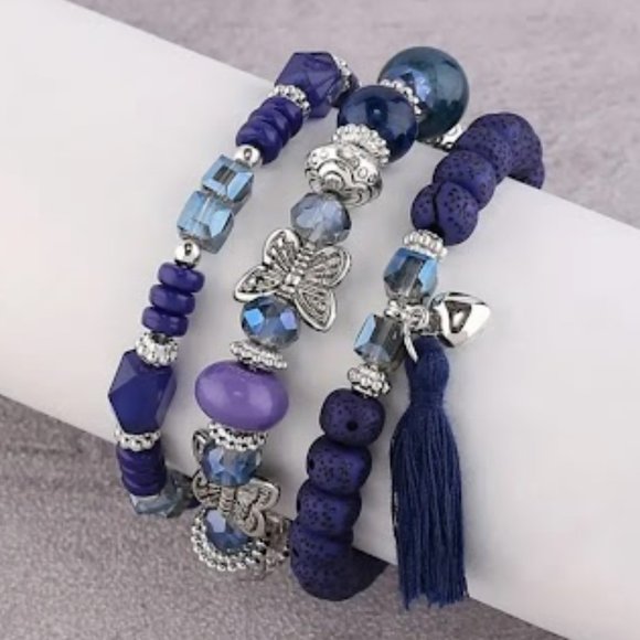 3pcs/set Boho Style Tassel Butterfly Charm, Multilayer Beaded Bracelets - Picture 1 of 4